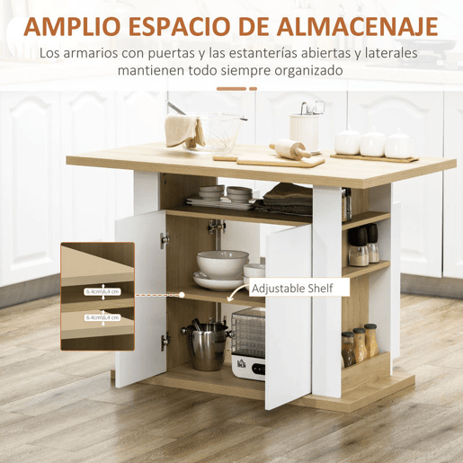 HOMCOM Ilha de Cozinha, para 4 Pessoas, Móvel de Cozinha Multifuncional, Mesa de Jantar com 4 Portas, Compartimentos Abertos, Prateleira Ajustável, 110x70x75,5 cm, Carvalho e Branco