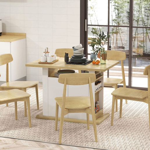 HOMCOM Ilha de Cozinha, para 4 Pessoas, Móvel de Cozinha Multifuncional, Mesa de Jantar com 4 Portas, Compartimentos Abertos, Prateleira Ajustável, 110x70x75,5 cm, Carvalho e Branco