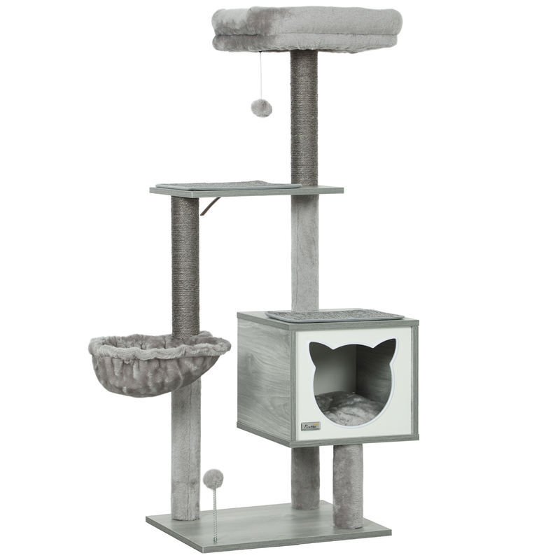 Pawhut árbol rascador para gatos, árbol para gatos 126 cm, torre escalador con plataformas, hamaca, cueva, cama, postes de sisal, bolas y cojines
