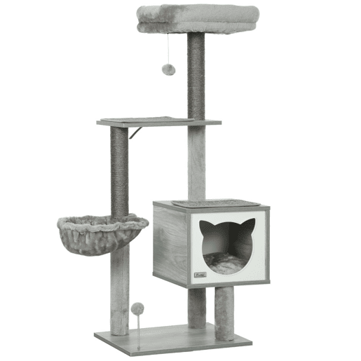PawHut Arranhador para Gatos com Plataforma Altura 126 cm Torre de Escalar para Gatos com Rede Caverna Cama Postes de Sisal e Bolas de Brincar 48x40x126 cm Cinza