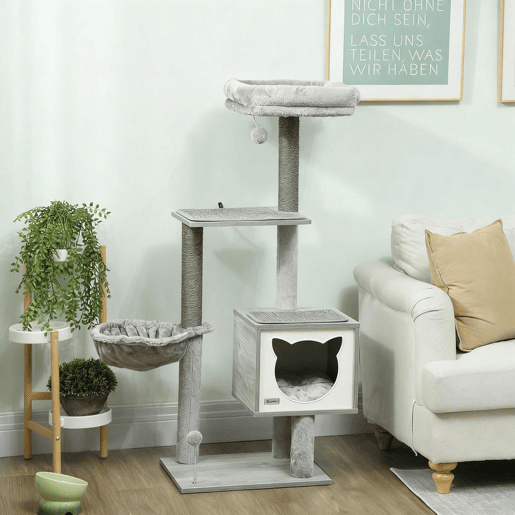 PawHut Arranhador para Gatos com Plataforma Altura 126 cm Torre de Escalar para Gatos com Rede Caverna Cama Postes de Sisal e Bolas de Brincar 48x40x126 cm Cinza