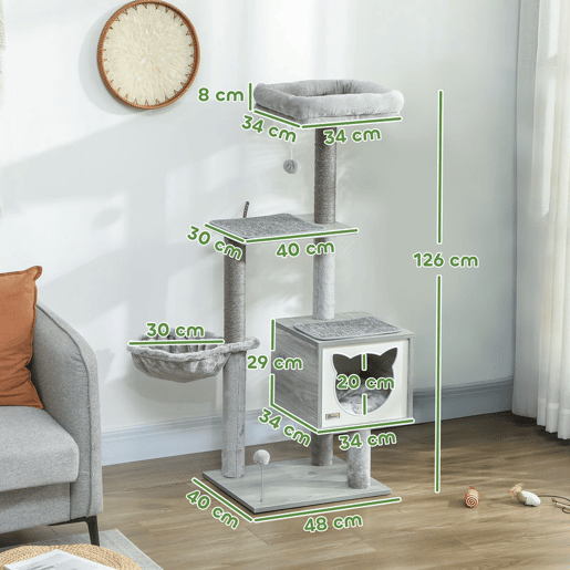 PawHut Arranhador para Gatos com Plataforma Altura 126 cm Torre de Escalar para Gatos com Rede Caverna Cama Postes de Sisal e Bolas de Brincar 48x40x126 cm Cinza