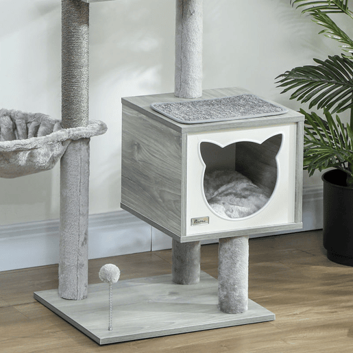 PawHut Arranhador para Gatos com Plataforma Altura 126 cm Torre de Escalar para Gatos com Rede Caverna Cama Postes de Sisal e Bolas de Brincar 48x40x126 cm Cinza