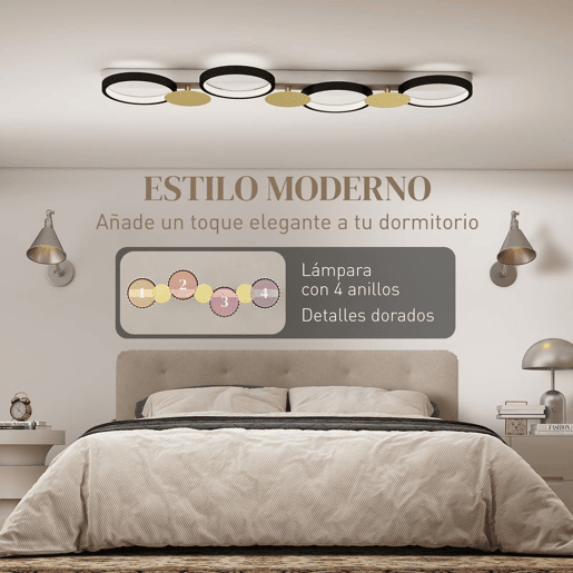 HOMCOM Candeeiro de Teto Regulável com 4 Focos Candeeiro LED de Teto com Controlo Remoto Modos de Cena 1500 lm 38 W, 3000 K-6500 K para Sala de Estar Quarto Escritório 100x31x7 cm Preto e Dourado