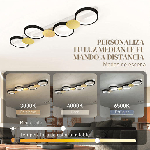 HOMCOM Candeeiro de Teto Regulável com 4 Focos Candeeiro LED de Teto com Controlo Remoto Modos de Cena 1500 lm 38 W, 3000 K-6500 K para Sala de Estar Quarto Escritório 100x31x7 cm Preto e Dourado
