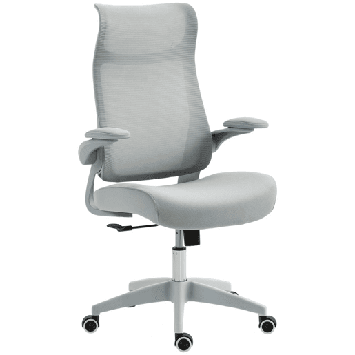 HOMCOM Cadeira de Escritório Ergonómica Cadeira de Escritório Giratória com Suporte Lombar e Apoios de Braços 3D Dobráveis Apoio de Cabeça Integrado Função de Basculante e Altura Ajustável 64x65x108-118 cm Cinzento