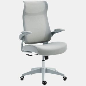 HOMCOM Cadeira de Escritório Ergonómica Cadeira de Escritório Giratória com Suporte Lombar e Apoios de Braços 3D Dobráveis Apoio de Cabeça Integrado Função de Basculante e Altura Ajustável 64x65x108-118 cm Cinzento