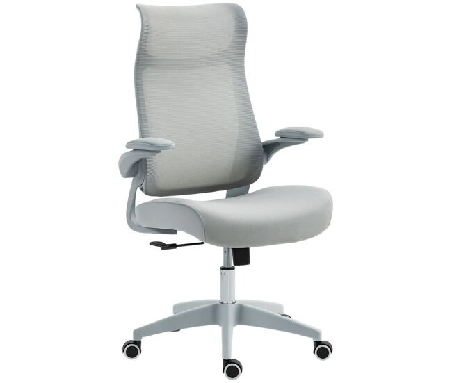 Homcom silla de oficina ergonómica giratoria, con soporte lumbar y reposabrazos 3d abatibles, silla de escritorio de malla con reposacabezas integrado, función basculante, altura ajustable, gris
