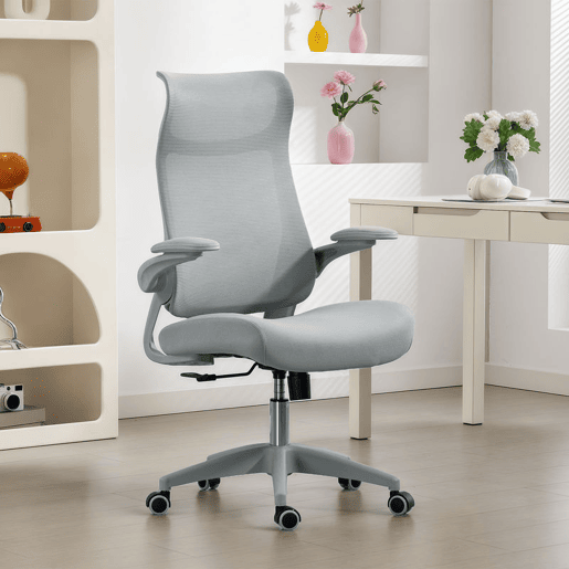 HOMCOM Cadeira de Escritório Ergonómica Cadeira de Escritório Giratória com Suporte Lombar e Apoios de Braços 3D Dobráveis Apoio de Cabeça Integrado Função de Basculante e Altura Ajustável 64x65x108-118 cm Cinzento