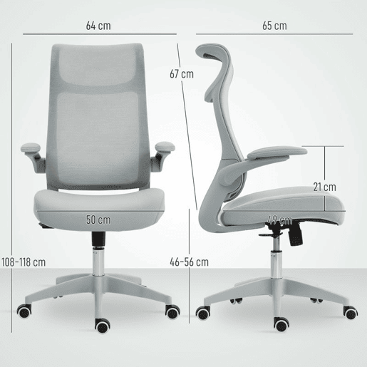 HOMCOM Cadeira de Escritório Ergonómica Cadeira de Escritório Giratória com Suporte Lombar e Apoios de Braços 3D Dobráveis Apoio de Cabeça Integrado Função de Basculante e Altura Ajustável 64x65x108-118 cm Cinzento
