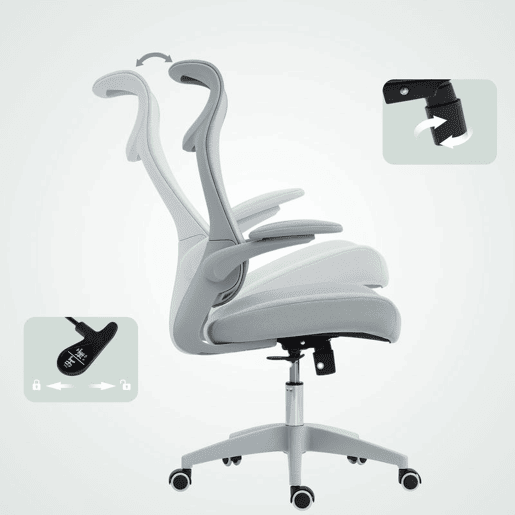 HOMCOM Cadeira de Escritório Ergonómica Cadeira de Escritório Giratória com Suporte Lombar e Apoios de Braços 3D Dobráveis Apoio de Cabeça Integrado Função de Basculante e Altura Ajustável 64x65x108-118 cm Cinzento