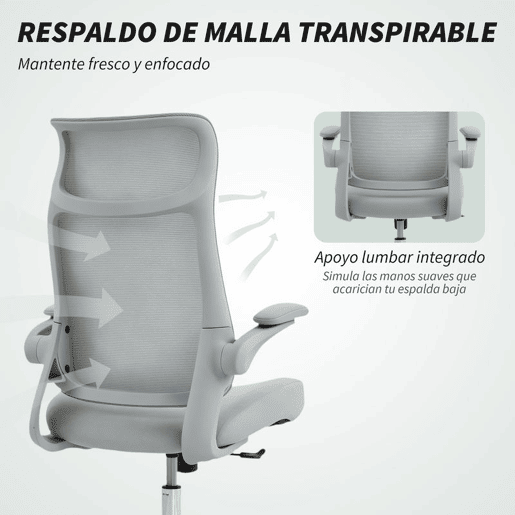 HOMCOM Cadeira de Escritório Ergonómica Cadeira de Escritório Giratória com Suporte Lombar e Apoios de Braços 3D Dobráveis Apoio de Cabeça Integrado Função de Basculante e Altura Ajustável 64x65x108-118 cm Cinzento