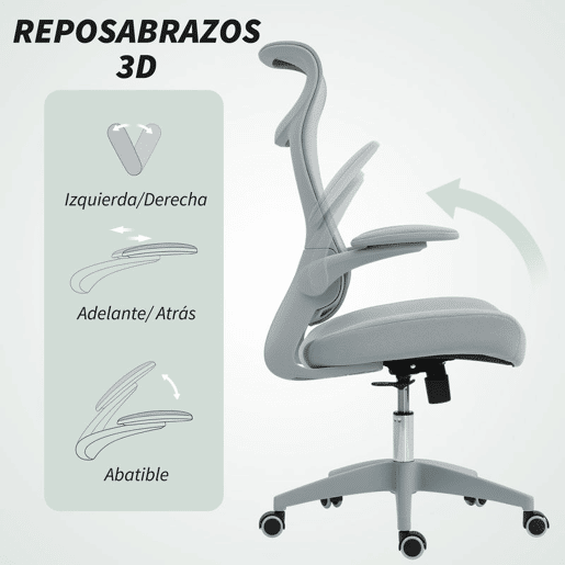 HOMCOM Cadeira de Escritório Ergonómica Cadeira de Escritório Giratória com Suporte Lombar e Apoios de Braços 3D Dobráveis Apoio de Cabeça Integrado Função de Basculante e Altura Ajustável 64x65x108-118 cm Cinzento