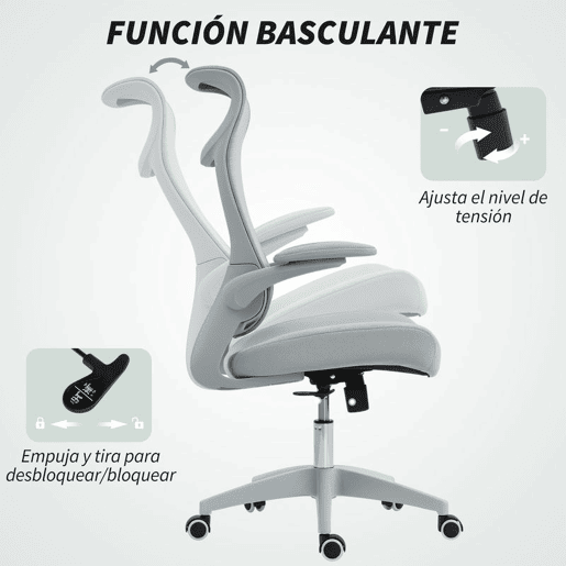 HOMCOM Cadeira de Escritório Ergonómica Cadeira de Escritório Giratória com Suporte Lombar e Apoios de Braços 3D Dobráveis Apoio de Cabeça Integrado Função de Basculante e Altura Ajustável 64x65x108-118 cm Cinzento