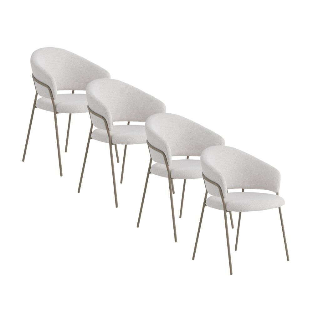 Pack de 4 sillones tapizados en chenilla color crema y patas de metal color topo