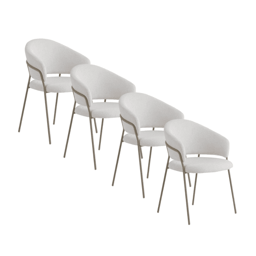 Pacote com 4 cadeirões estofados em chenille creme e pernas de metal cinza