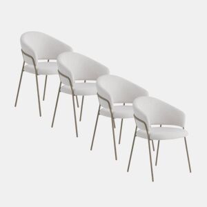 Pacote com 4 cadeirões estofados em chenille creme e pernas de metal cinza
