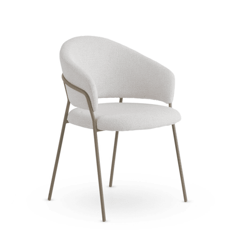 Pacote com 4 cadeirões estofados em chenille creme e pernas de metal cinza