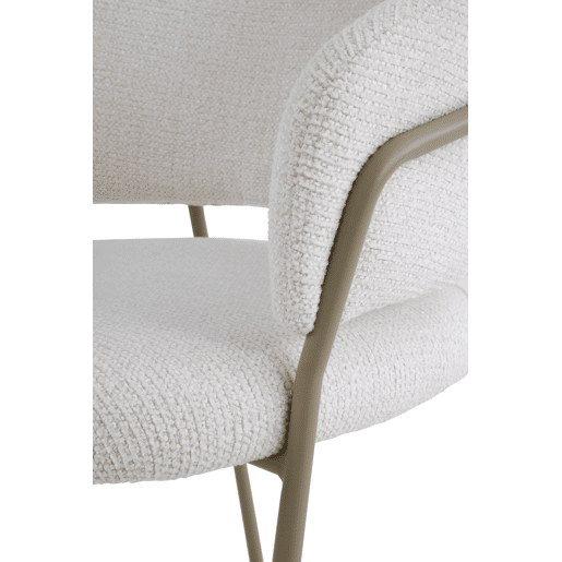 Pacote com 4 cadeirões estofados em chenille creme e pernas de metal cinza