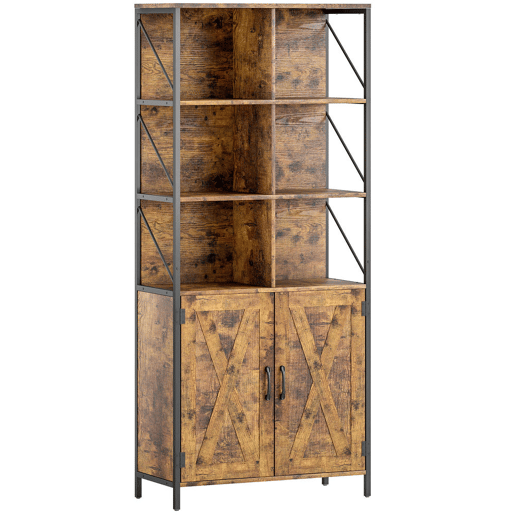 HOMCOM Estante de 6 Níveis Estante de Livros com 6 Compartimentos Abertos 2 Portas e Prateleira Ajustável Estilo Industrial para Sala Escritório Quarto 75x34x172 cm Castanho Rústico