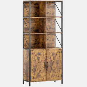 HOMCOM Estante de 6 Níveis Estante de Livros com 6 Compartimentos Abertos 2 Portas e Prateleira Ajustável Estilo Industrial para Sala Escritório Quarto 75x34x172 cm Castanho Rústico