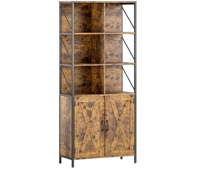 Homcom librería de 6 niveles, estantería de libros organizador con 6 compartimentos abiertos, 2 puertas y estante ajustable, estilo industrial para salón oficina dormitorio 75x34x172 cm marrón rústico