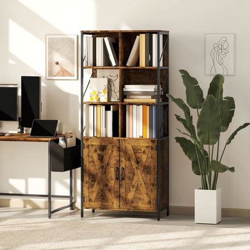 HOMCOM Estante de 6 Níveis Estante de Livros com 6 Compartimentos Abertos 2 Portas e Prateleira Ajustável Estilo Industrial para Sala Escritório Quarto 75x34x172 cm Castanho Rústico