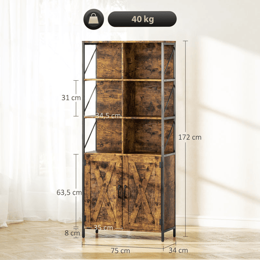 HOMCOM Estante de 6 Níveis Estante de Livros com 6 Compartimentos Abertos 2 Portas e Prateleira Ajustável Estilo Industrial para Sala Escritório Quarto 75x34x172 cm Castanho Rústico