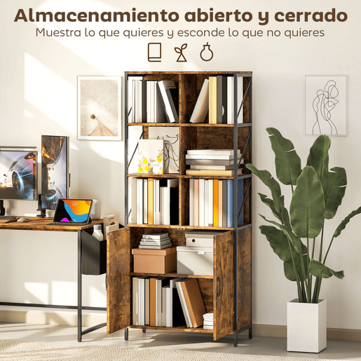 HOMCOM Estante de 6 Níveis Estante de Livros com 6 Compartimentos Abertos 2 Portas e Prateleira Ajustável Estilo Industrial para Sala Escritório Quarto 75x34x172 cm Castanho Rústico