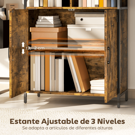 HOMCOM Estante de 6 Níveis Estante de Livros com 6 Compartimentos Abertos 2 Portas e Prateleira Ajustável Estilo Industrial para Sala Escritório Quarto 75x34x172 cm Castanho Rústico