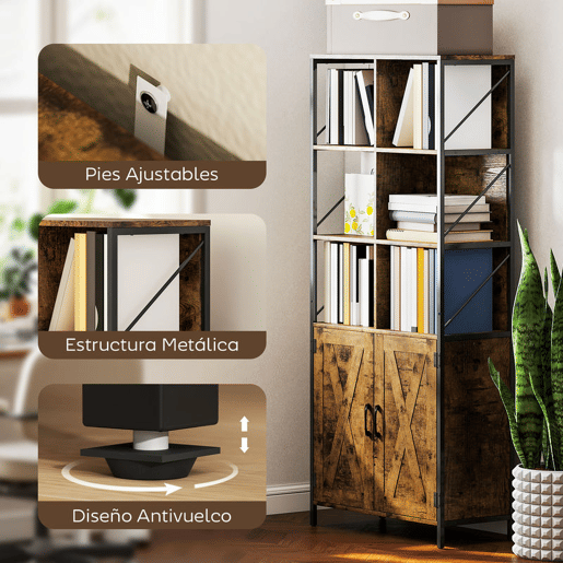 HOMCOM Estante de 6 Níveis Estante de Livros com 6 Compartimentos Abertos 2 Portas e Prateleira Ajustável Estilo Industrial para Sala Escritório Quarto 75x34x172 cm Castanho Rústico