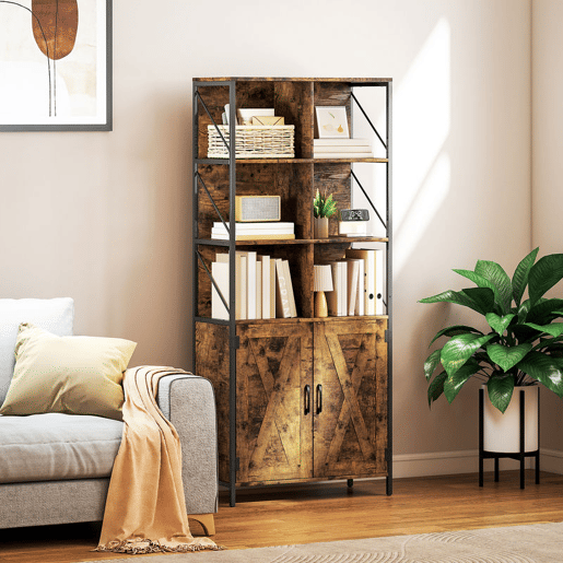 HOMCOM Estante de 6 Níveis Estante de Livros com 6 Compartimentos Abertos 2 Portas e Prateleira Ajustável Estilo Industrial para Sala Escritório Quarto 75x34x172 cm Castanho Rústico