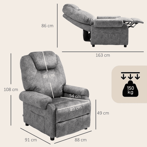 HOMCOM Poltrona Relax Reclinável Poltrona para Sala de Estar com Apoio para os Pés Retrátil Encosto Alto Bolso Lateral Acolchoado Grosso 88x91x108 cm Cinzento