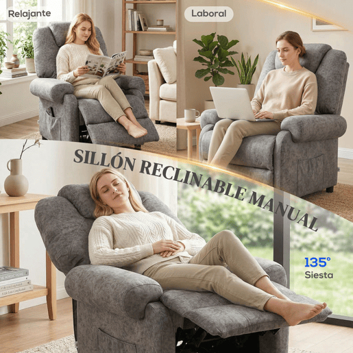 HOMCOM Poltrona Relax Reclinável Poltrona para Sala de Estar com Apoio para os Pés Retrátil Encosto Alto Bolso Lateral Acolchoado Grosso 88x91x108 cm Cinzento