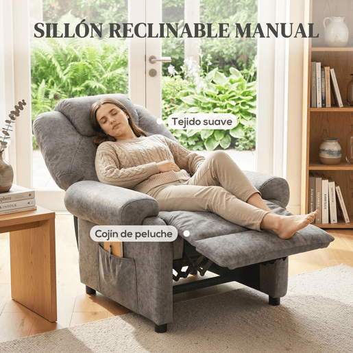 HOMCOM Poltrona Relax Reclinável Poltrona para Sala de Estar com Apoio para os Pés Retrátil Encosto Alto Bolso Lateral Acolchoado Grosso 88x91x108 cm Cinzento
