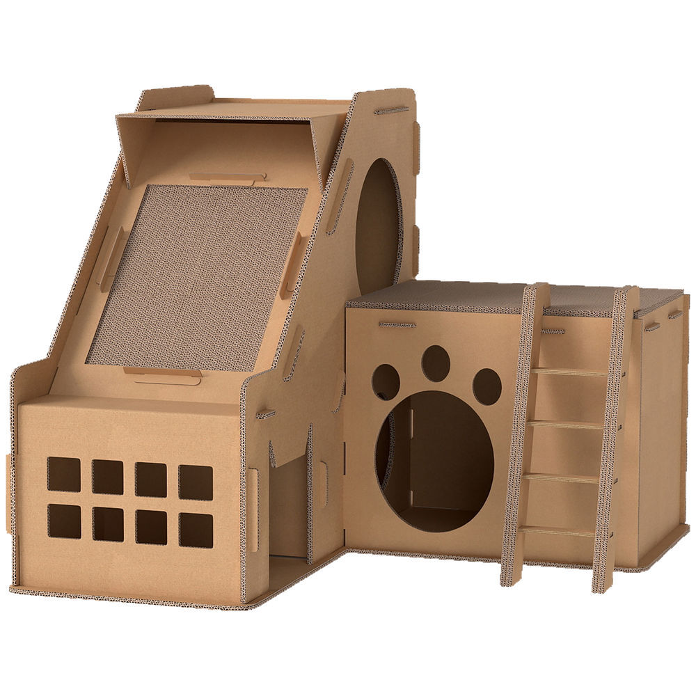 Pawhut rascador cartón para gatos forma castillo 2 en 1, rascador para gatos con 2 zonas de rascado, catnip, rampa y escalera, para interior, 67x66x57 cm, marrón