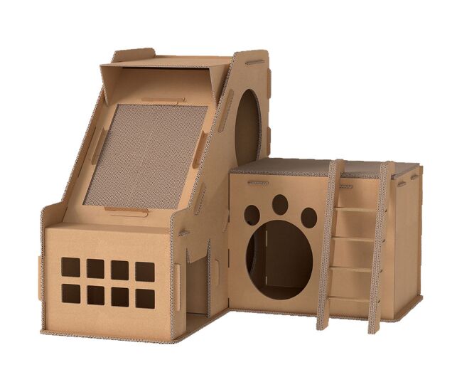Pawhut rascador cartón para gatos forma castillo 2 en 1, rascador para gatos con 2 zonas de rascado, catnip, rampa y escalera, para interior, 67x66x57 cm, marrón