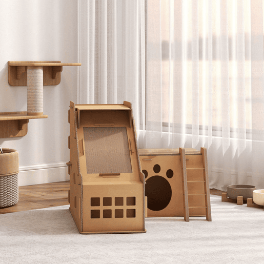 PawHut Arranhador para Gatos em Forma de Castelo 2 em 1 com 2 Áreas para Arranhar Catnip Rampa e Escada para Interior 67x66x57 cm Castanho