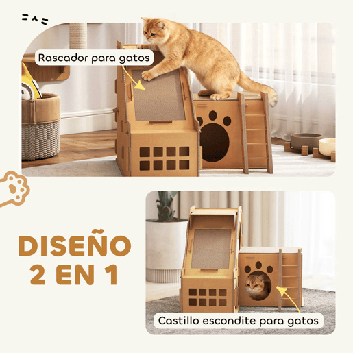 PawHut Arranhador para Gatos em Forma de Castelo 2 em 1 com 2 Áreas para Arranhar Catnip Rampa e Escada para Interior 67x66x57 cm Castanho