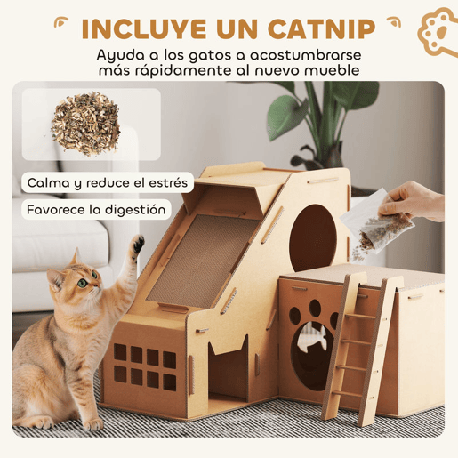 PawHut Arranhador para Gatos em Forma de Castelo 2 em 1 com 2 Áreas para Arranhar Catnip Rampa e Escada para Interior 67x66x57 cm Castanho
