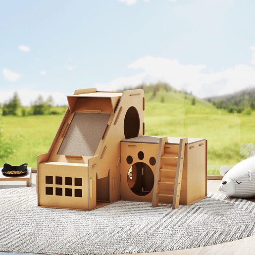 PawHut Arranhador para Gatos em Forma de Castelo 2 em 1 com 2 Áreas para Arranhar Catnip Rampa e Escada para Interior 67x66x57 cm Castanho