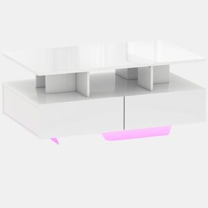 HOMCOM Mesa de Centro Moderna com LED Mesa de Centro com 4 Gavetas Prateleira Aberta e Luzes LED de 16 Cores para Sala de Estar 90x55x41 cm Branco Brilhante