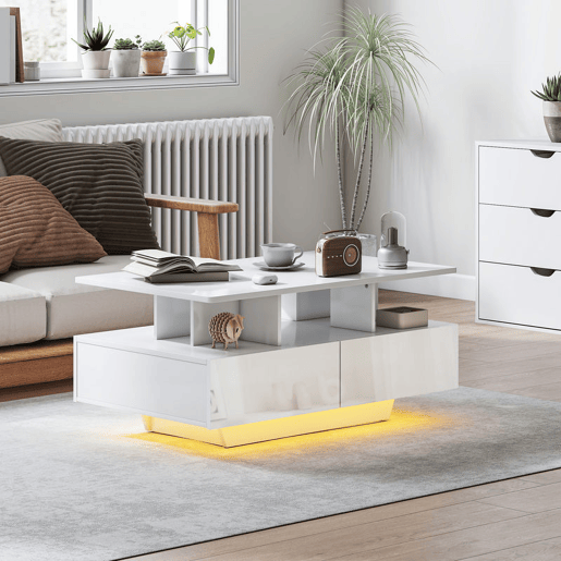 HOMCOM Mesa de Centro Moderna com LED Mesa de Centro com 4 Gavetas Prateleira Aberta e Luzes LED de 16 Cores para Sala de Estar 90x55x41 cm Branco Brilhante HOMCOM Mesa de Centro Moderna com LED Mesa de Centro com 4 Gavetas Prateleira Aberta e Luzes LED de 16 Cores para Sala de Estar 90x55x41 cm Branco Brilhante