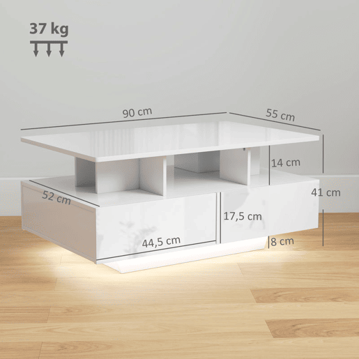 HOMCOM Mesa de Centro Moderna com LED Mesa de Centro com 4 Gavetas Prateleira Aberta e Luzes LED de 16 Cores para Sala de Estar 90x55x41 cm Branco Brilhante HOMCOM Mesa de Centro Moderna com LED Mesa de Centro com 4 Gavetas Prateleira Aberta e Luzes LED de 16 Cores para Sala de Estar 90x55x41 cm Branco Brilhante