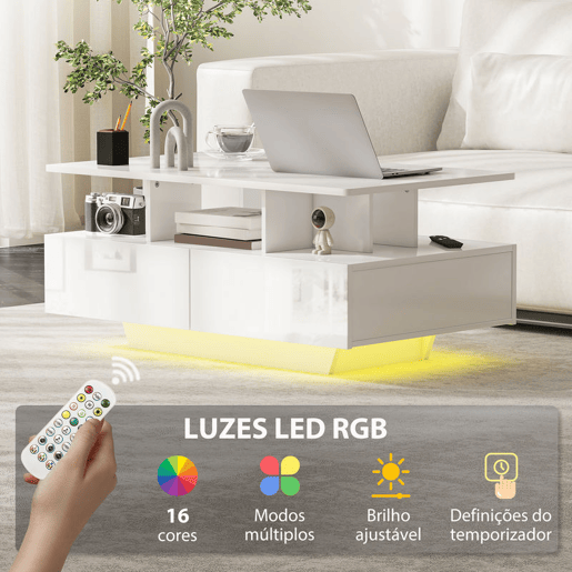 HOMCOM Mesa de Centro Moderna com LED Mesa de Centro com 4 Gavetas Prateleira Aberta e Luzes LED de 16 Cores para Sala de Estar 90x55x41 cm Branco Brilhante HOMCOM Mesa de Centro Moderna com LED Mesa de Centro com 4 Gavetas Prateleira Aberta e Luzes LED de 16 Cores para Sala de Estar 90x55x41 cm Branco Brilhante
