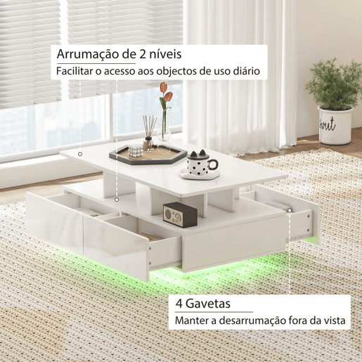 HOMCOM Mesa de Centro Moderna com LED Mesa de Centro com 4 Gavetas Prateleira Aberta e Luzes LED de 16 Cores para Sala de Estar 90x55x41 cm Branco Brilhante HOMCOM Mesa de Centro Moderna com LED Mesa de Centro com 4 Gavetas Prateleira Aberta e Luzes LED de 16 Cores para Sala de Estar 90x55x41 cm Branco Brilhante
