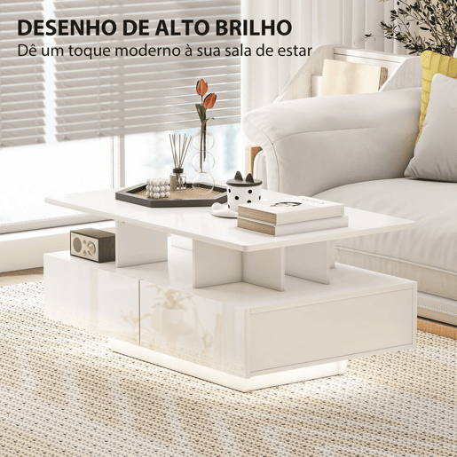 HOMCOM Mesa de Centro Moderna com LED Mesa de Centro com 4 Gavetas Prateleira Aberta e Luzes LED de 16 Cores para Sala de Estar 90x55x41 cm Branco Brilhante HOMCOM Mesa de Centro Moderna com LED Mesa de Centro com 4 Gavetas Prateleira Aberta e Luzes LED de 16 Cores para Sala de Estar 90x55x41 cm Branco Brilhante