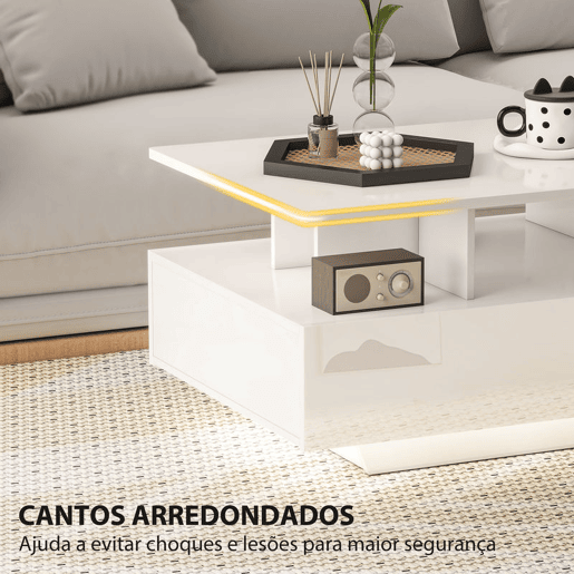 HOMCOM Mesa de Centro Moderna com LED Mesa de Centro com 4 Gavetas Prateleira Aberta e Luzes LED de 16 Cores para Sala de Estar 90x55x41 cm Branco Brilhante HOMCOM Mesa de Centro Moderna com LED Mesa de Centro com 4 Gavetas Prateleira Aberta e Luzes LED de 16 Cores para Sala de Estar 90x55x41 cm Branco Brilhante