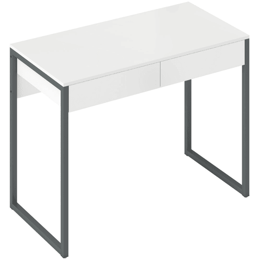 HOMCOM Secretária com 2 Gavetas 100x50x75 cm Mesa de Computador com Estrutura de Aço para Casa Escritório Espaços Pequenos Branco Brilhante