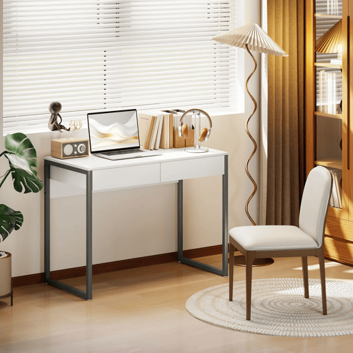 HOMCOM Secretária com 2 Gavetas 100x50x75 cm Mesa de Computador com Estrutura de Aço para Casa Escritório Espaços Pequenos Branco Brilhante